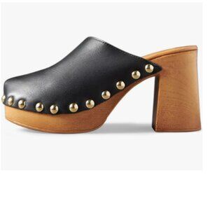 YDN Black Studded Platform Slip On Clogs Mules Cork High Heel Round Toe Sandals